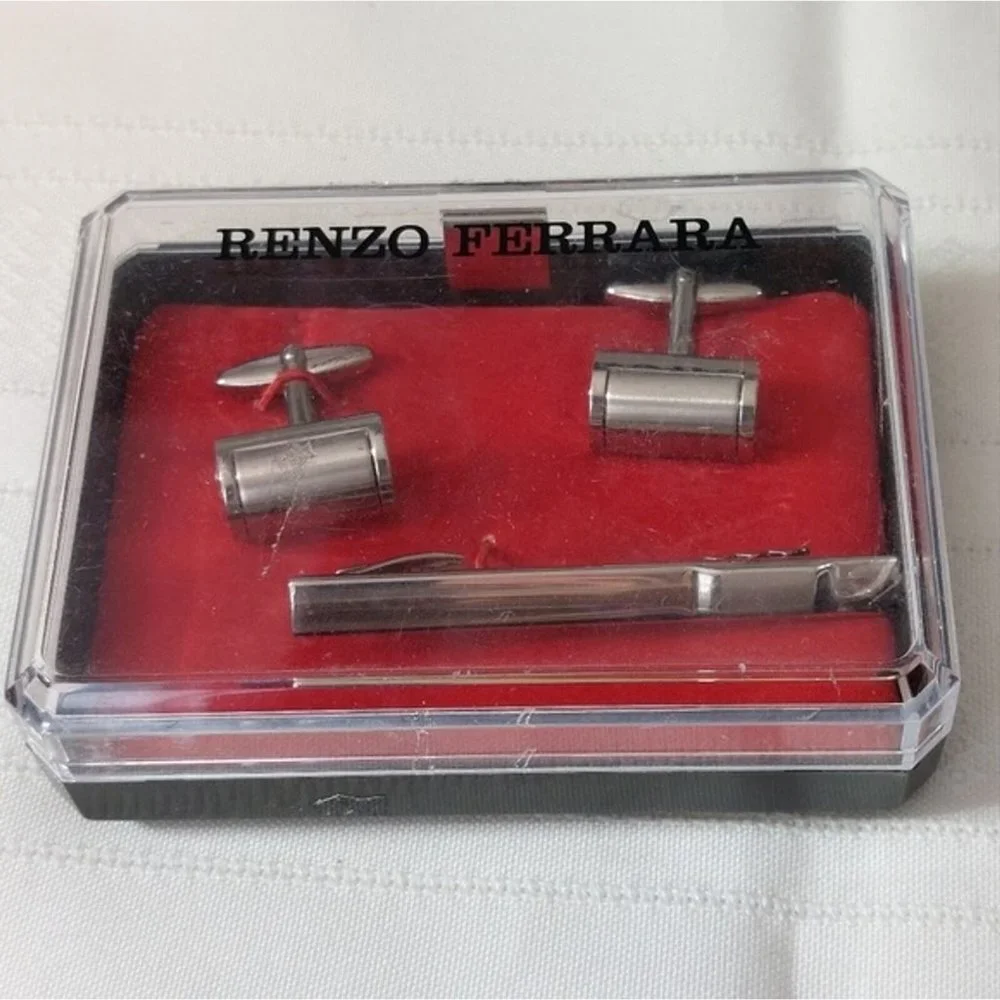 * Renzo Ferrara Silvertone Cufflinks and Tie Bar Clip 3 Piece Set in Box